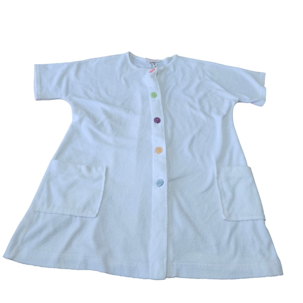 Vintage Gloria's Fashions Terry Cloth Robe Womens Small White Pastel Buttons - Picture 2 of 8